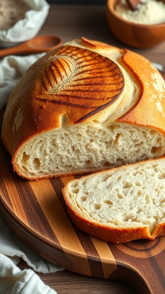 Sourdough Bread Essentials A golden crusted sourdough bread loaf on a wooden board, sliced to show the airy interior.